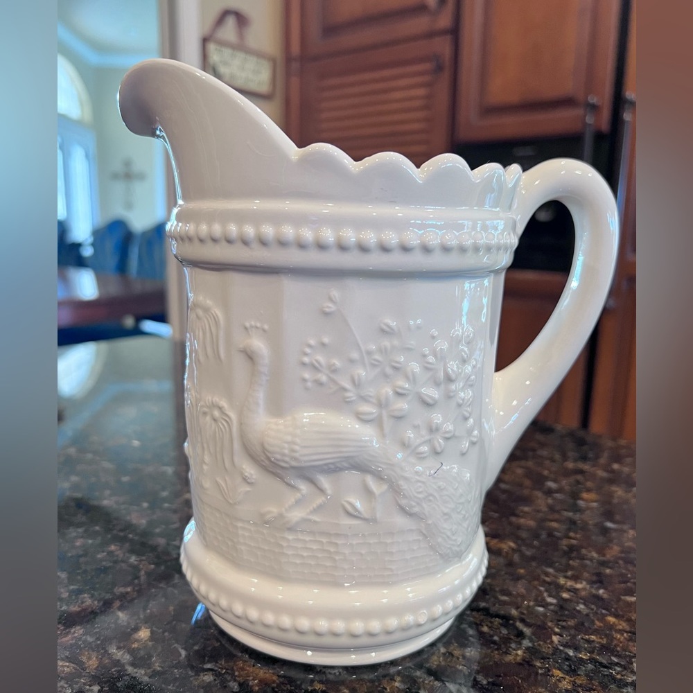 Vintage Ivory Ceramic Peacock Water Pitcher
